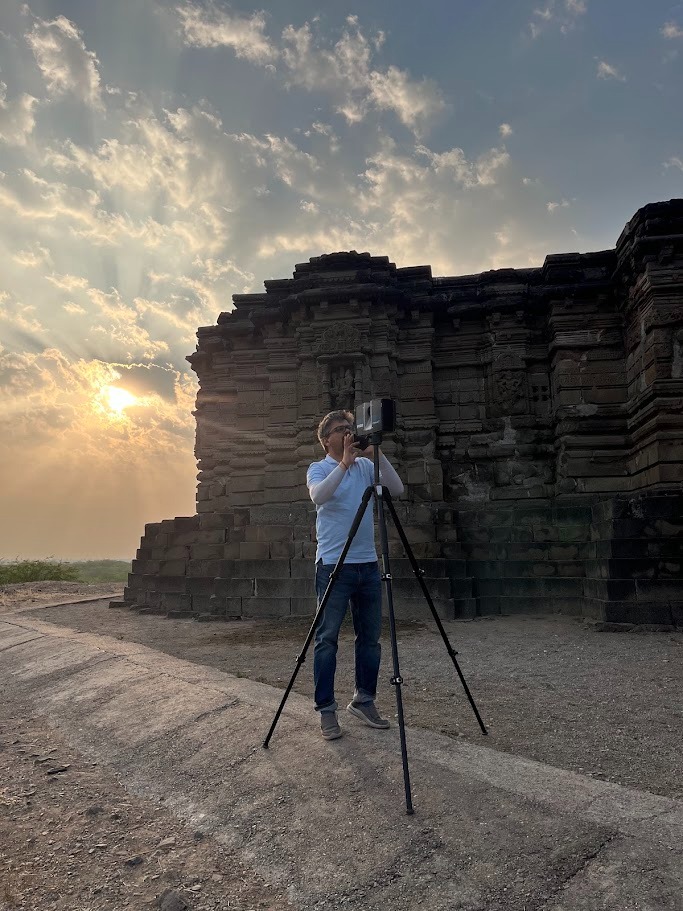 Terrestrial LiDAR scan of a heritage stone structure at sunset