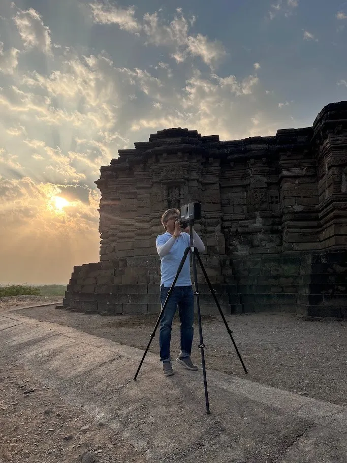 Terrestrial LiDAR scan of a heritage stone structure at sunset